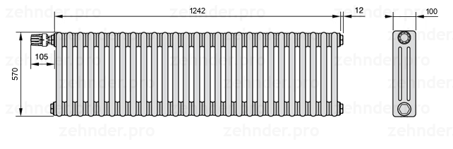 Схема (чертеж) Радиатор Zehnder Charleston 3057/27 №V011 Белый глянцевый RAL 9016